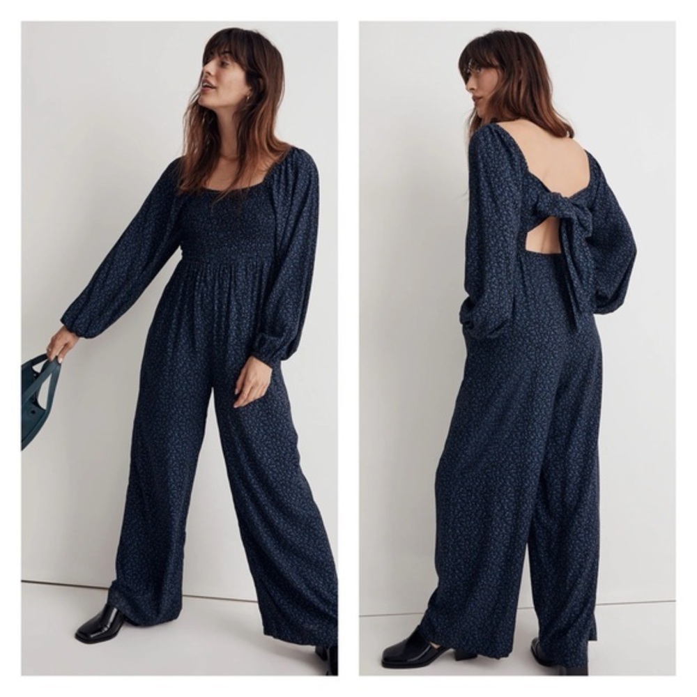 Madewell Lucie‎ Tie-Back Long-Sleeve Jumpsuit in Carmine Floral Wide Leg